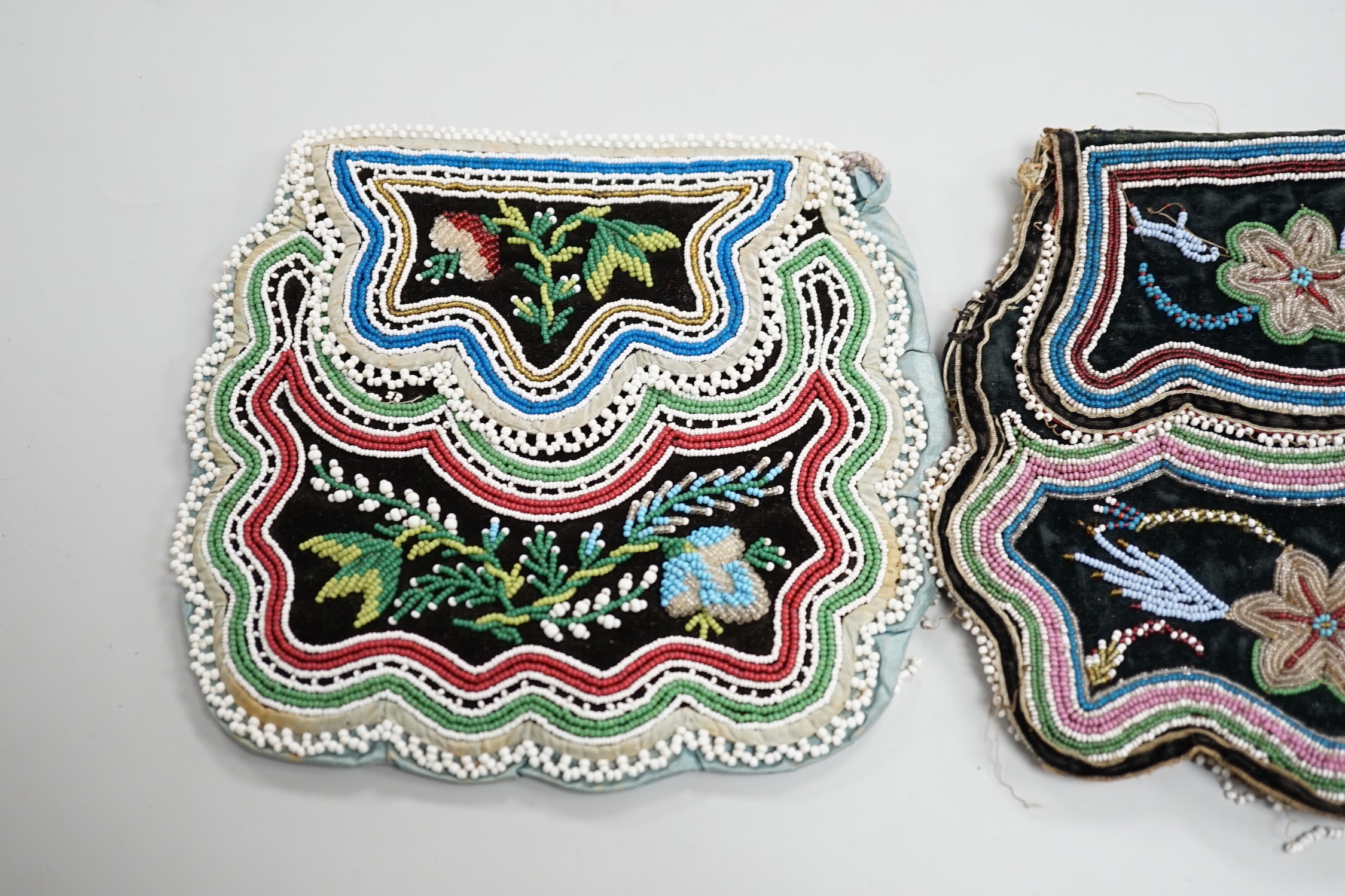 Three mid to late 19th century, Haudenosaunee (Iroquois) Grand River Reserve, native North American/Canadian fine glass beadwork and silk bags